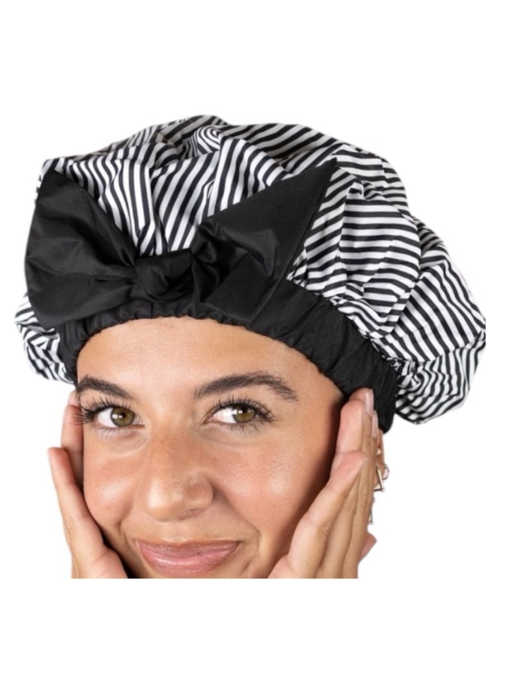 Conair Black and White Striped Shower Cap with Bow